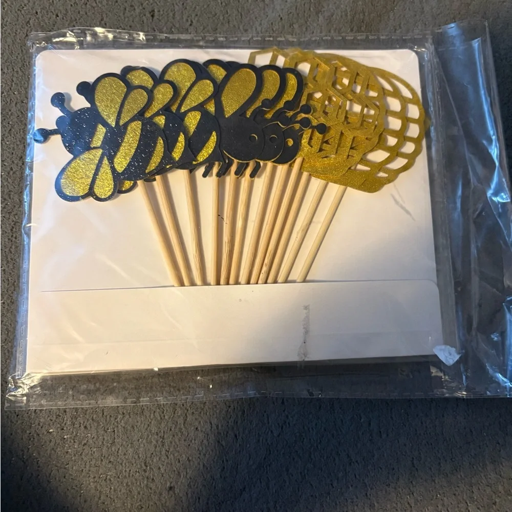 24 pc Gold and Black Bee Cupcake Toppers